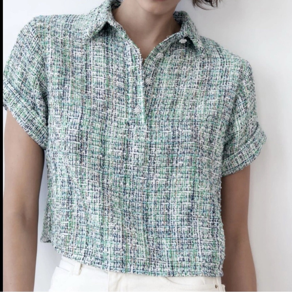 Zara Women's Green Tweed Short Sleeve Top